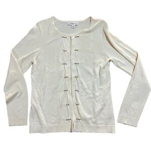 New Coldwater Creek Womens Cream Beaded Ticks Cardigan Hook and Eye Size Small